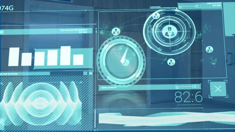 Animation of digital clock over graph, soundwave, profile icons, numbers against Stock Footage 310978347