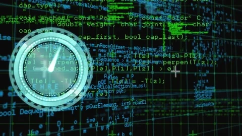 Animation of digital clock over grid pattern against computer language on black Stock Footage 240642126