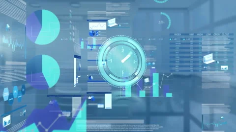 Animation of digital clock over infographic interface and trading board on empty Stock Footage 310978349