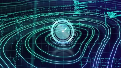 Animation of digital clock over spiral pattern against computer language in Stock Footage 245977074