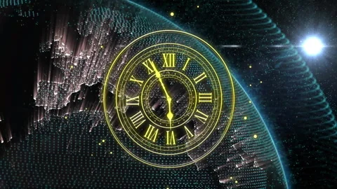 Animation of digital clock with Roman numerals over Earth in starry space Stock-Footage 304203719