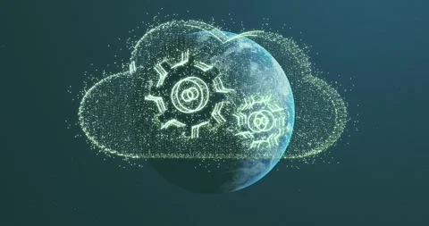 Animation of digital cloud and cogs icons over globe Stock Footage 329710812