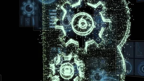 Animation of digital cloud with cogs and data processing on black background Stock Footage 312411800