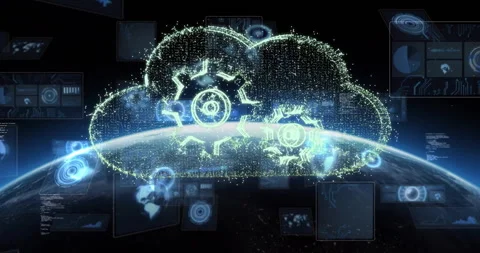 Animation of digital cloud with gears and binary code over Earth for data Stock Footage 305065925