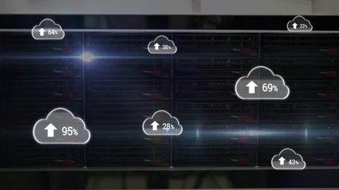 Animation of digital cloud icons with percent going up over computer servers Stock Footage 329914533