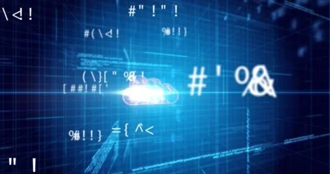 Animation of digital cloud, math symbols and integrated circuit on blue Stock Footage 202003472