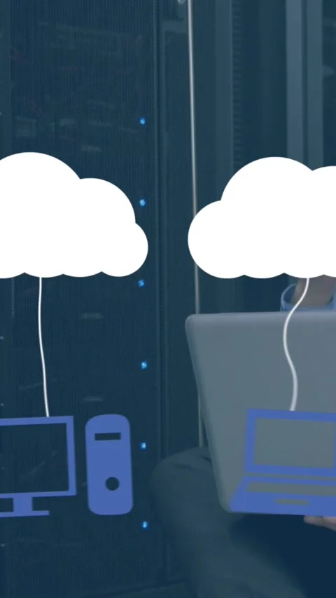 Animation of digital clouds with electronic devices over caucasian it technician Stock Footage 344746124