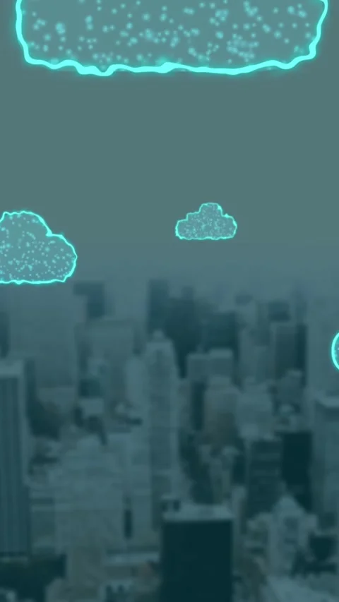 Animation of digital clouds flying over cityscape Stock Footage 342594637