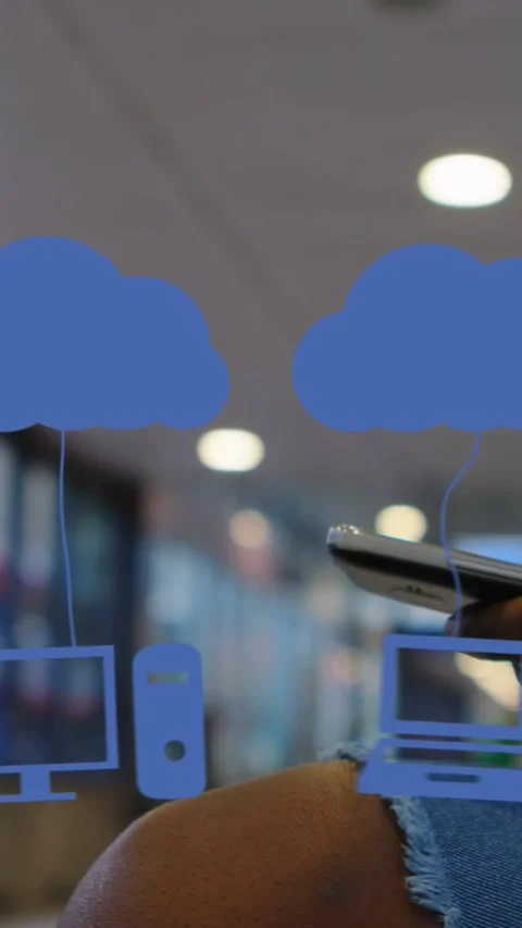 Animation of digital clouds with icons over man using smartphone Stock Footage 344594749