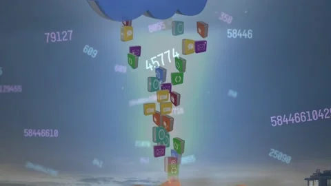 Animation of digital clouds, numbers and hand with tech icons on blue background Stock Footage 329510979