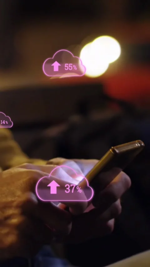 Animation of digital clouds with percent going up over man using smartphone Stock Footage 344525022