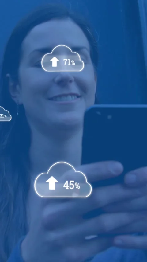 Animation of digital clouds with percent going up over woman using smartphone Stock Footage 344614057