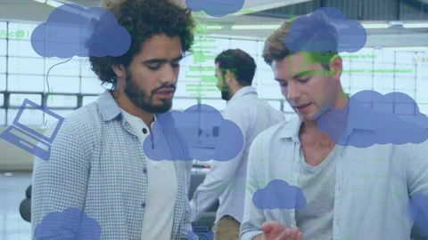 Animation of digital clouds with tech devices and data processing over diverse Stock Footage 329417811