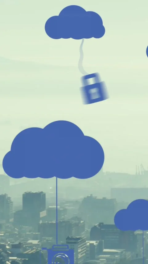 Animation of digital clouds with tech icons floating over cityscape Stock Footage 344678247