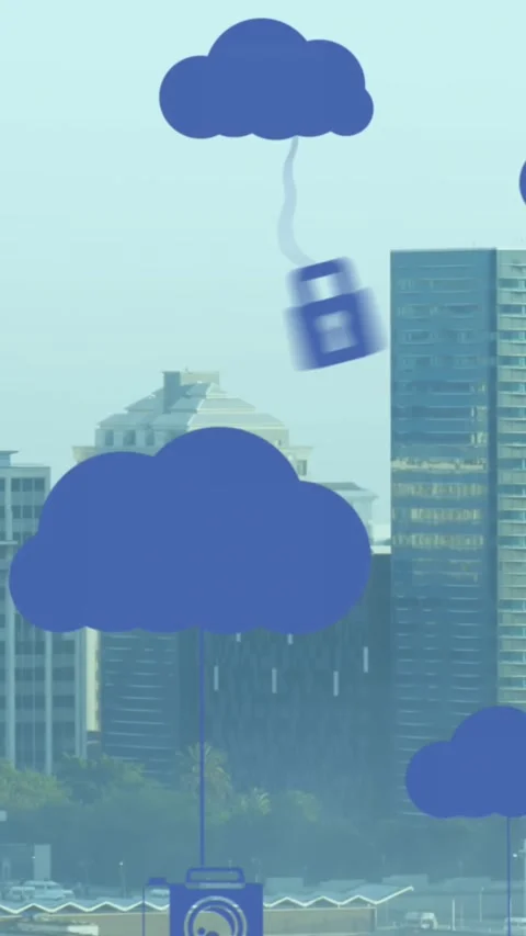 Animation of digital clouds with tech icons floating over cityscape Stock Footage 344693212