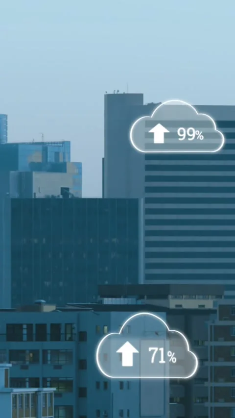 Animation of digital clouds with uploading floating over cityscape Stock Footage 344693202