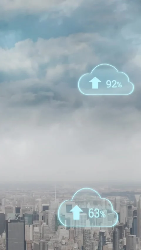 Animation of digital clouds with uploading floating over cityscape Stock Footage 344722859
