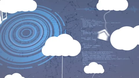 Animation with digital code and circular interface, cloud graphics on blue Stock Footage 305293205