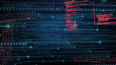 Animation of digital code and data streams with red text on blue background Stock Footage 305010648
