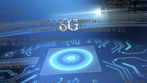Animation of digital code and futuristic interface on blue circuit board Stock Footage 326033023