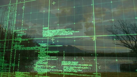 Animation of digital code and grid overlaying serene mountain and lake landscape Vidéo 305285261