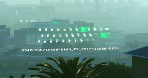 Animation of digital code and symbols overlaying urban landscape with palm trees Vidéo 304855136