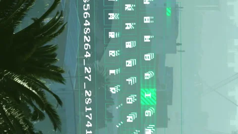 Animation of digital code and symbols overlaying urban landscape with palm trees Stock Footage 313412749