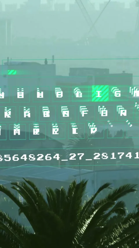 Animation of digital code and symbols overlaying urban landscape with palm trees Vidéo 319617753