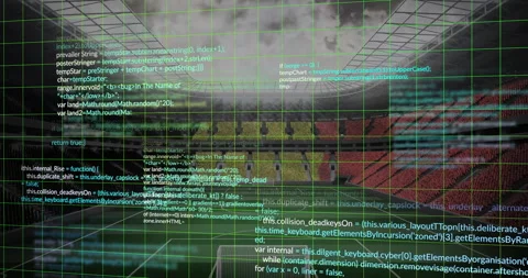 Animation of digital code overlaying soccer stadium, showing tech in sports Stock Footage 305519684