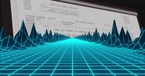 Animation of digital code processing on futuristic grid landscape in school Vidéo 304768627
