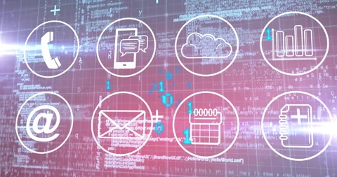 Animation of digital communication icons over binary code in programming Stock Footage 303608835