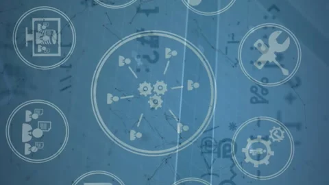 Animation of digital computer icons in circles rotating over programming Stock Footage 312288291