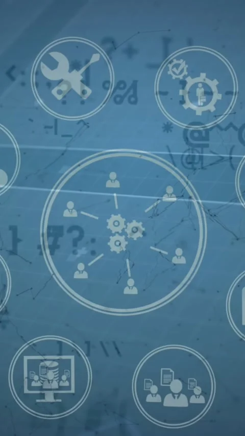 Animation of digital computer icons in circles rotating over programming Stock Footage 322560867