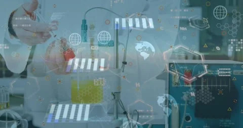Animation of digital computer network icon, graphs, hexagon shape over doctor Stock Footage 328588054