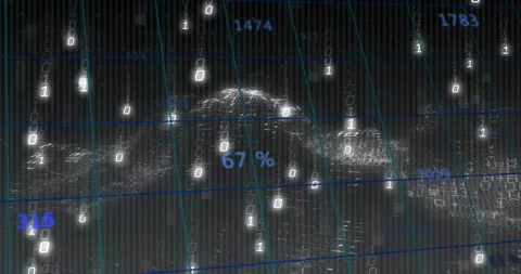 Animation of digital data and binary code overlaying abstract mountain landscape Stock Footage 303555917