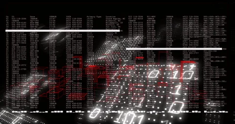 Animation of digital data and code overlaying glowing cityscape at night Stock Footage 304856048