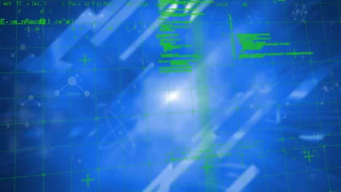 Animation of digital data and coding elements over blue grid background Stock Footage 303489210