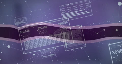Animation of digital data and coding elements floating over network background Stock Footage 305058357