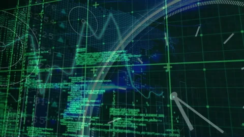 Animation of digital data and coding patterns on futuristic grid background Stock Footage 305069690