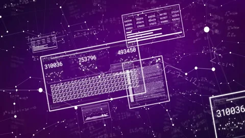 Animation of digital data and coding elements on purple background with network Stock Footage 305080496