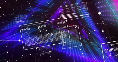 Animation of digital data and coding interface on vibrant blue and purple Stock Footage 306201424