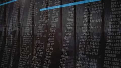 Animation of digital data and error codes projected on reflective glass surface Stock Footage 303840432