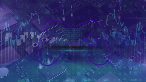 Animation of digital data and graphs overlaying circuit board with game Stock Footage 303555323