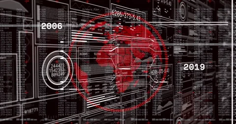 Animation of digital data and numbers overlaying red globe with tech elements Stock Footage 303431928
