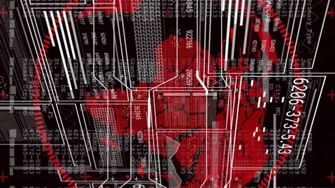 Animation of digital data and numbers overlaying red globe with tech elements Stock Footage 313370189