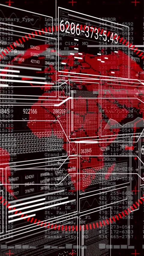 Animation of digital data and numbers overlaying red globe with tech elements Stock Footage 319810934