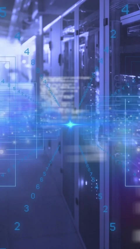 Animation of digital data and numbers overlaying modern server room environment Stock Footage 344285103
