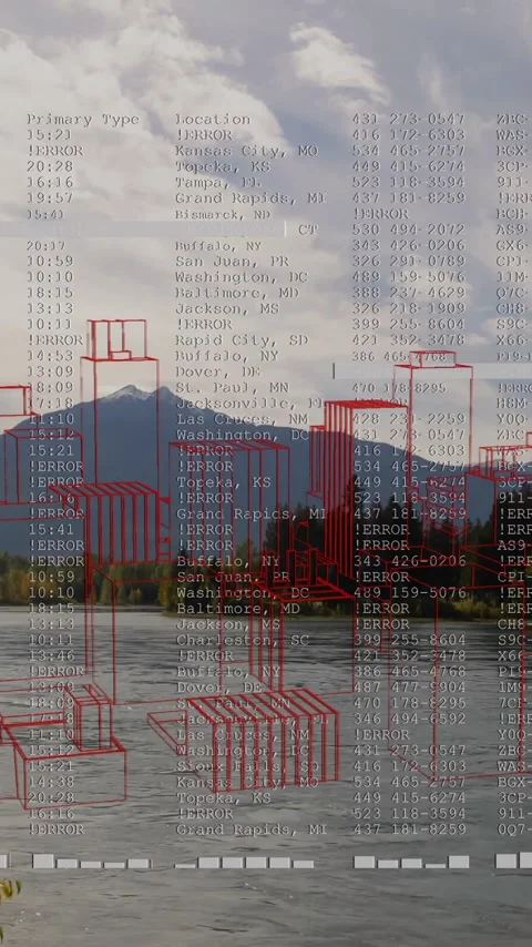 Animation of digital data and red wireframe structures over mountain lake scene Stock Footage 344370533