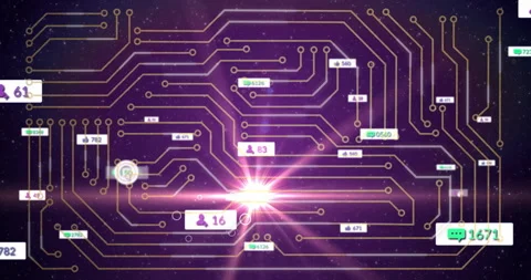 Animation of digital data and user icons on circuit board pattern in cosmic Stock Footage 304031268
