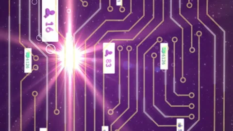 Animation of digital data and user icons on circuit board pattern in cosmic Stock Footage 313333443